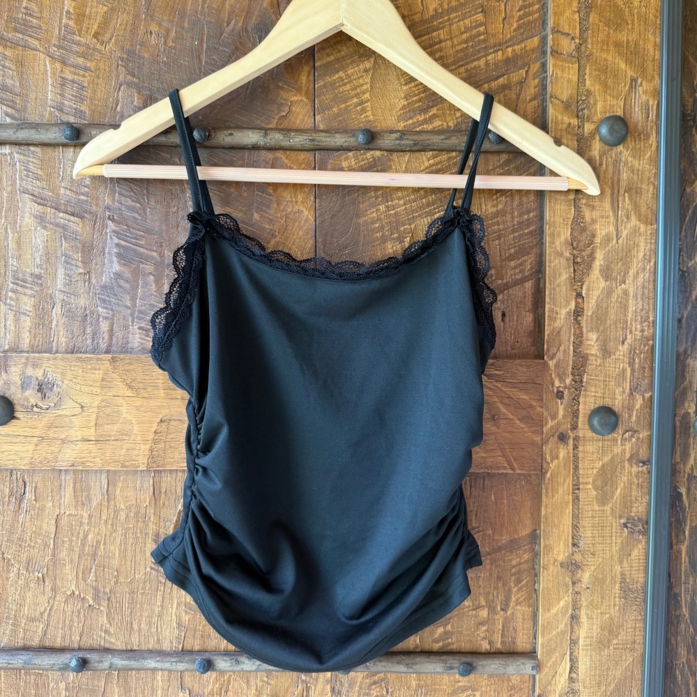 Laced Cami Top Womens S Black Ruched Adjustable Strap Sleeveless Coquette Punk